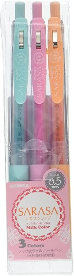 Zebra Sarasa Milk Colours 0.5mm Gel Pens - 3 Pastel Colour Set